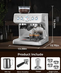 Freshly Ground Coffee Built-In Grinder with two espresso shots brewed, displaying controls and coffee beans above, 16.34in height.