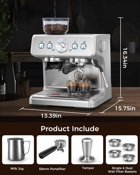 Freshly Ground Coffee Built-In Grinder with two espresso shots brewed, displaying controls and coffee beans above, 16.34in height.