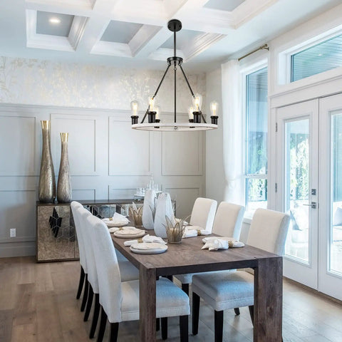 Farmhouse Wagon Wheel Chandelier With 6 Lights For Dining Room And Kitchen Island Rustic Modern Ceiling Light Fixture Distressed Wood Finish Hanging Pendant Over Table And Living Area Barn Chic Statement Piece in dining room setting