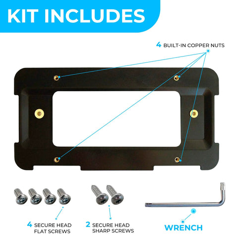 BMW Rear Bumper License Plate Bracket 2000 To 2026, Plate Holder Kit with screws, wrench, and copper nuts shown