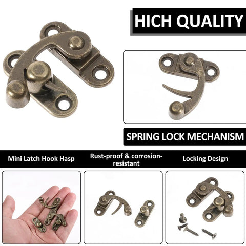 Two Piece Bronze Zinc Alloy Swing Arm Hasp Latch Set With Heavy Duty Mounting Screws For Jewelry Boxes Cabinets And Toolboxes detailed image showing spring lock mechanism.