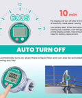 360 degree swivel connector on inline digital water and fuel flow meter kit, auto turn-off feature displayed, used in rugged environments