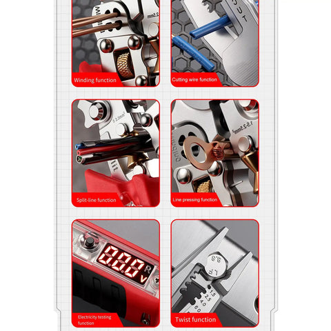 Premium Wiring Organization Tester Pliers With Type C Charging And NCV Detection showing winding, cutting, and electricity testing functions.