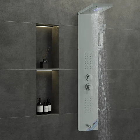 Slick Stainless Steel Shower Panel Tower Featuring Five Kickass Spray Modes, Smooth Knob Control, Rainfall Showerhead, Waterfall Stream, Dual Body Massage Jets, Bathtub Spout, And Handheld Sprayer Kit