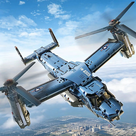 Military Helicopter Building Kit With Tiltrotor Inspired By The V22 Osprey Aircraft flying over city with rotating rotors