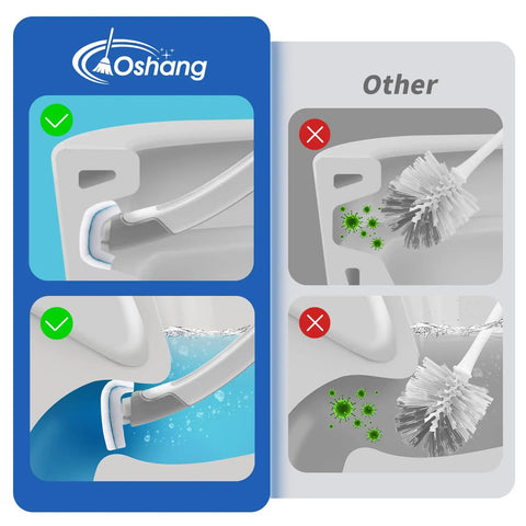 Diagram showing Disposable Toilet Brush With Holder For Deep Clean Toilet Bowl, 14 Refills Included versus traditional brush