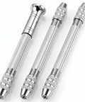 Top Shelf 3 Piece Pin Vise Set Featuring Double Ended Hand Drills With Solid Brass Chucks, shiny alloy tools stacked side by side.