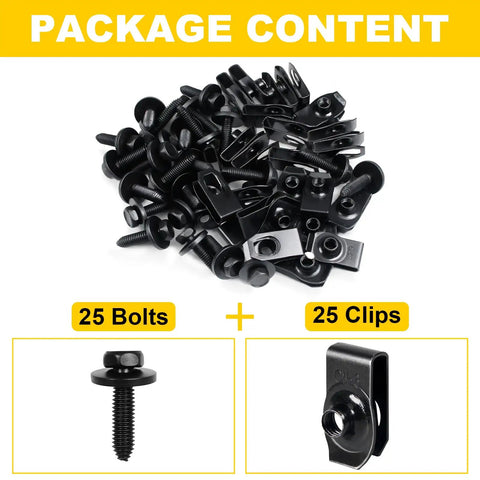 50 Piece Body Fastener Kit With 25 Bolts And 25 U Nut Clips for Fender Engine Cover Splash Shield Bumper Radiator Hood