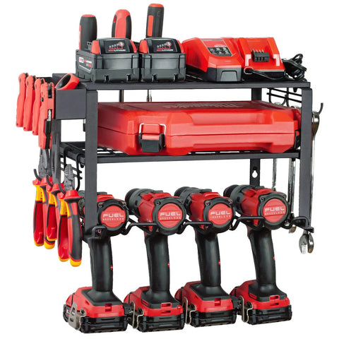 Space Saving 3 Tier Power Tool Organizer Wall Mount For Garage, with drills, chargers, and pliers neatly arranged.