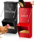 Heavy Duty Metal Chicken Feeder 2 Pack With Tight Lid Automatic Gravity Trough Hang Or Wall Mount Oyster Shell Grit Dispenser with chicken.