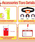 Accessories for Rad Firefighter Dress Up Costumes For Kids With Lit Glow Helmet Water Sprayer Axe Walkie Talkie Badge And Tool Accessory Set, includes flashlight, work plate, and law enforcement instrument.