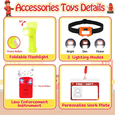 Accessories for Rad Firefighter Dress Up Costumes For Kids With Lit Glow Helmet Water Sprayer Axe Walkie Talkie Badge And Tool Accessory Set, includes flashlight, work plate, and law enforcement instrument.