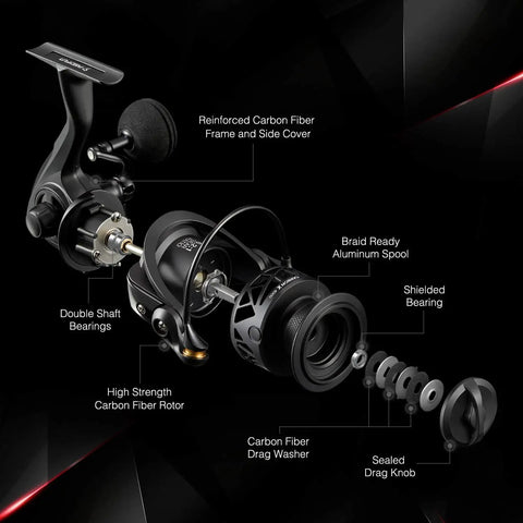 Exploded view of Carbon X Spinning Reel With Feather Light Carbon Fiber Body And Rotor, 2000 Series, 6.2 To 1 Gear Ratio