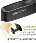 Electric 3 Hole Paper Punch Desktop No Sweat No Fuss 20 Sheet Capacity AC Or Battery Operated 3 Ring Hole Punch Black side view