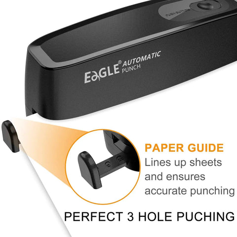 Electric 3 Hole Paper Punch Desktop No Sweat No Fuss 20 Sheet Capacity AC Or Battery Operated 3 Ring Hole Punch Black side view