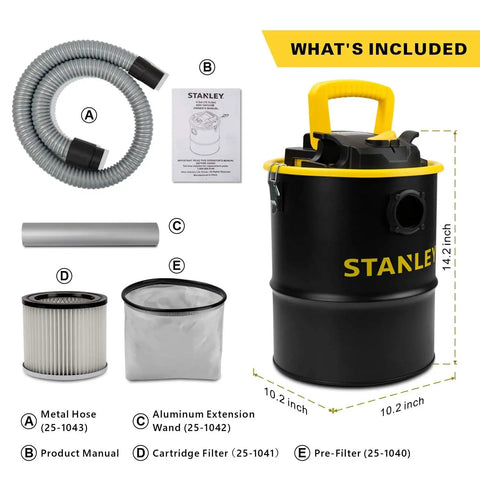 What's included with Beast Of A Ash Vacuum Cleaner With 4 Peak HP Motor, Portable 4 Gallon Canister, showing components and dimensions