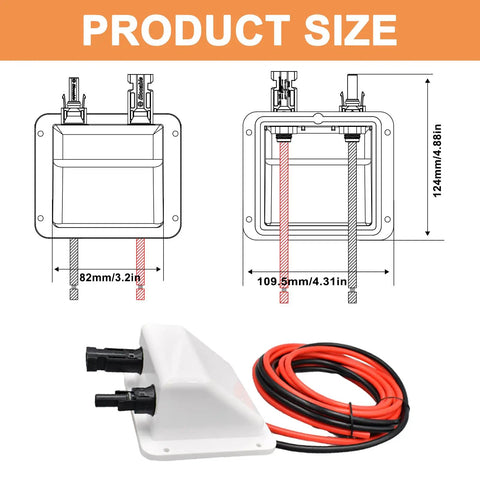 Diagram and photo of Solar Cable Entry Gland With Preinstalled 10 Ft 10AWG Extension Cable UV Resistant Dual Cable Entry Housing
