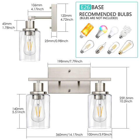Dimensions of Modern Two Light Vanity Light Fixture in Brushed Nickel with Clear Glass Shades, E26 base, bulb recommendations.
