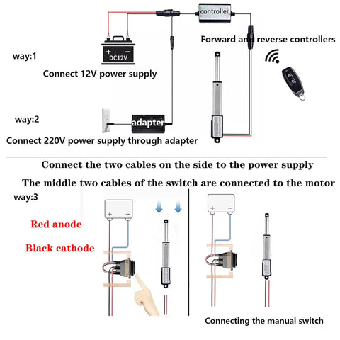 Diagram showing connection steps for 12V Electric Linear Actuator With 50mm Stroke 60N Load And Remote Lever Switch Mounting Bracket.