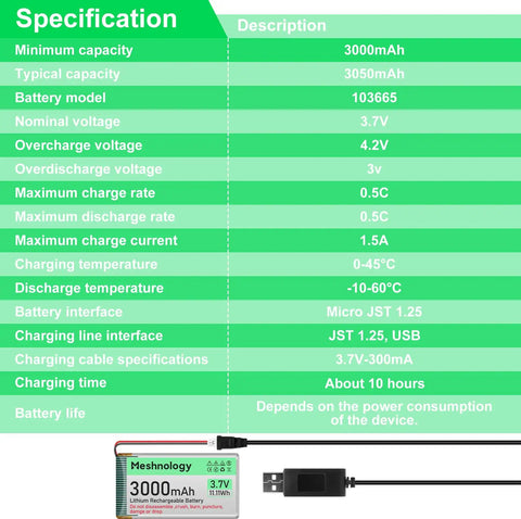 Heavy Duty 3 7V 3000mAh LiPo Battery With USB Charger Cable For Arduino specs chart and battery image