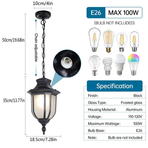Modern Outdoor Pendant Lights Waterproof Aluminum Fixture With Bubble Glass Shade In Industrial Black Finish dimensions