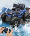 Amphibious 4WD RC Monster Truck With Waterproof Boat And Water Gun driving through water, remote control in hand