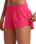 Low Waisted Running Shorts 2.5 Inch Inseam In Lip Gloss Pink With Built-In Mesh Liner, Friction-Reducing, Side Zip Pocket For Keys
