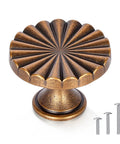 Eight Pack 1.4 Inch Antique Brass Cabinet Knobs With Three Mounting Screw Sizes showing vintage drawer pull design