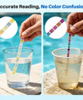 16 In 1 Pool And Spa Water Test Strips 100 Count Super Quick 30 Second Readout testing clean and dirty water in cups.