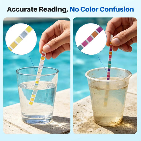16 In 1 Pool And Spa Water Test Strips 100 Count Super Quick 30 Second Readout testing clean and dirty water in cups.