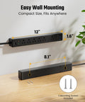Power Strip With Nine Point Eight Foot Extension Cord And Surge Protector 5 Outlets 3 USB Ports mounted on wall with screws.