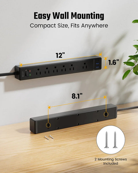 Power Strip With Nine Point Eight Foot Extension Cord And Surge Protector 5 Outlets 3 USB Ports mounted on wall with screws.
