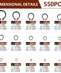 Dimensional details of 550 Piece Snap Ring Set for Axles and Shafts External Circlip Retaining Clips, Heavy Duty Carbon Steel.