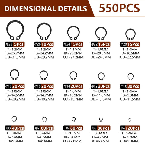 Dimensional details of 550 Piece Snap Ring Set for Axles and Shafts External Circlip Retaining Clips, Heavy Duty Carbon Steel.