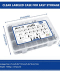 465 Piece Self Drilling And Self Tapping Screws Set In 410 Stainless Steel Sizes 8 And 10 Hex Washer Head And Phillips Round Head One Half Inch To Two Inch Length Sheet Metal Screws For Metal Wood And Plastic in labeled storage case.