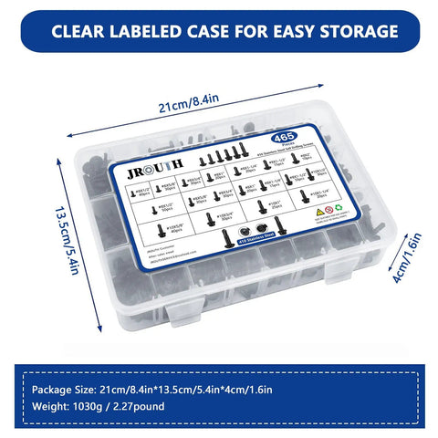 465 Piece Self Drilling And Self Tapping Screws Set In 410 Stainless Steel Sizes 8 And 10 Hex Washer Head And Phillips Round Head One Half Inch To Two Inch Length Sheet Metal Screws For Metal Wood And Plastic in labeled storage case.