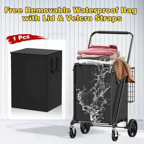 Beast Mode Folding Shopping Cart with waterproof liner, double basket, and braked swivel wheels for heavy-duty use.