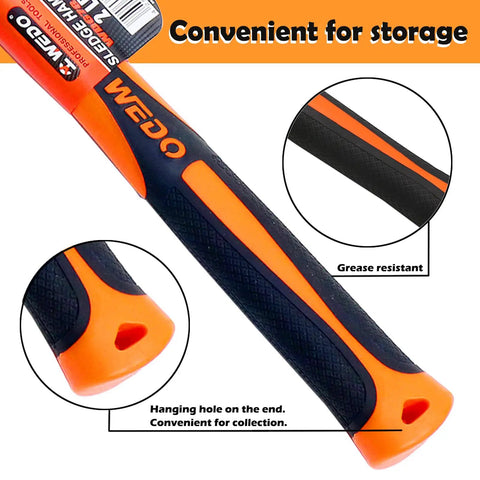 2 Pound Sledge Hammer With Fiberglass Handle For Heavy Duty Jobs, Shock Resistant, Non Slip Grip, Orange Finish, Strong Torque