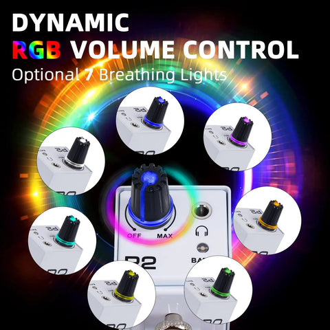 Dynamic RGB volume control on portable in ear monitor amplifier for performers XLR and TRS locking inputs, 7 light colors