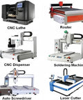 Image of various CNC machines including a CNC lathe, router, dispenser, soldering machine, auto screwdriver, and laser cutter.