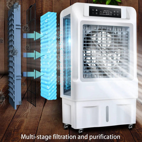 Portable Evaporative Swamp Cooler With Three Speed Settings And Nine Hour Timer showcasing multi-stage filtration and air flow.