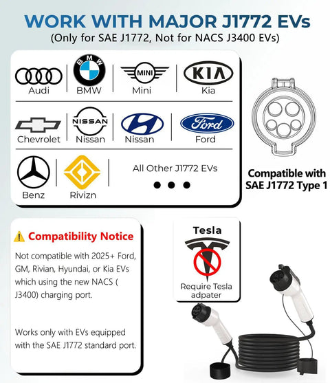 Heavy Duty 17 Ft Ev Charger Extension Cable 50A Sae J1772 with compatible EV logos and charging port details