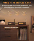 Next Gen 2 Channel Bluetooth HiFi Amp With 300W Per Channel Digital VU Meter Sub Pre Out HPF Tone Control TRS Balanced Input Bass Treble Control Remote And BT 5 2 For Your Home Theater And Bookshelf Speakers on a shelf with speakers