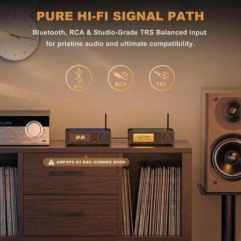 Next Gen 2 Channel Bluetooth HiFi Amp With 300W Per Channel Digital VU Meter Sub Pre Out HPF Tone Control TRS Balanced Input Bass Treble Control Remote And BT 5 2 For Your Home Theater And Bookshelf Speakers on a shelf with speakers