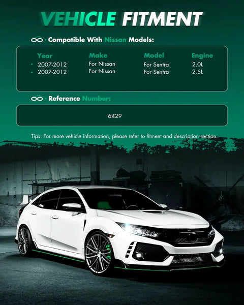 Nissan vehicle compatibility chart; Nissan Sentra 2007-2012 reference number 6429, featuring a white car model in a garage setting.