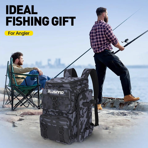 Fishing Backpack With Rod Holders And Tackle Box 42L Water Resistant Gear Organizer for freshwater and saltwater angling.