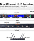 Dual Channel UHF Wireless Microphone System front and back view with controls and antennas for live performances.