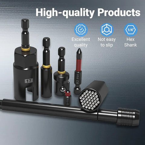 All-In-One Magnetic Impact Nut Driver Kit, 80-Piece Set With SAE And Metric Nut Drivers, tools displayed on a metallic background.