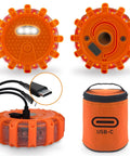 USB C Rechargeable LED Road Flares Emergency Lights With Mega Capacity Battery 3 In 1 Cable Roadside Safety Beacon For Vehicles Magnetic Base The Must Have Gear For Breakdowns And Roadside Emergencies showing orange flare, USB-C cable, and storage case.