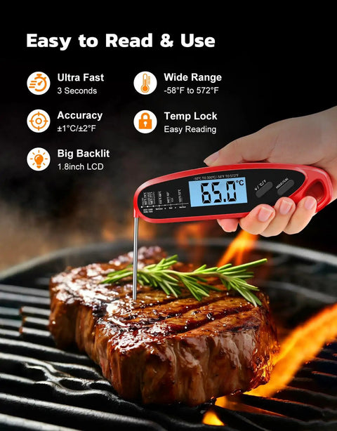 Instant Read Digital Meat Thermometer with Dual Probes measuring steak on grill, large backlit display visible.